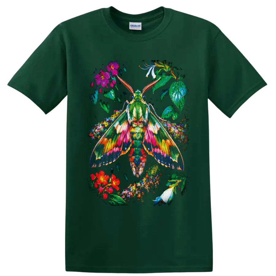 Colorful botanical moth with patterned wings, tropical flowers, and lush leaves on a Forest Green T Shirt