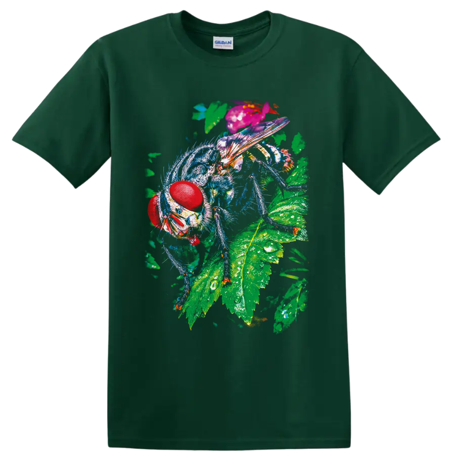 Colorful macro fly with red compound eyes and translucent wings on green leaves on a Forest Green T Shirt