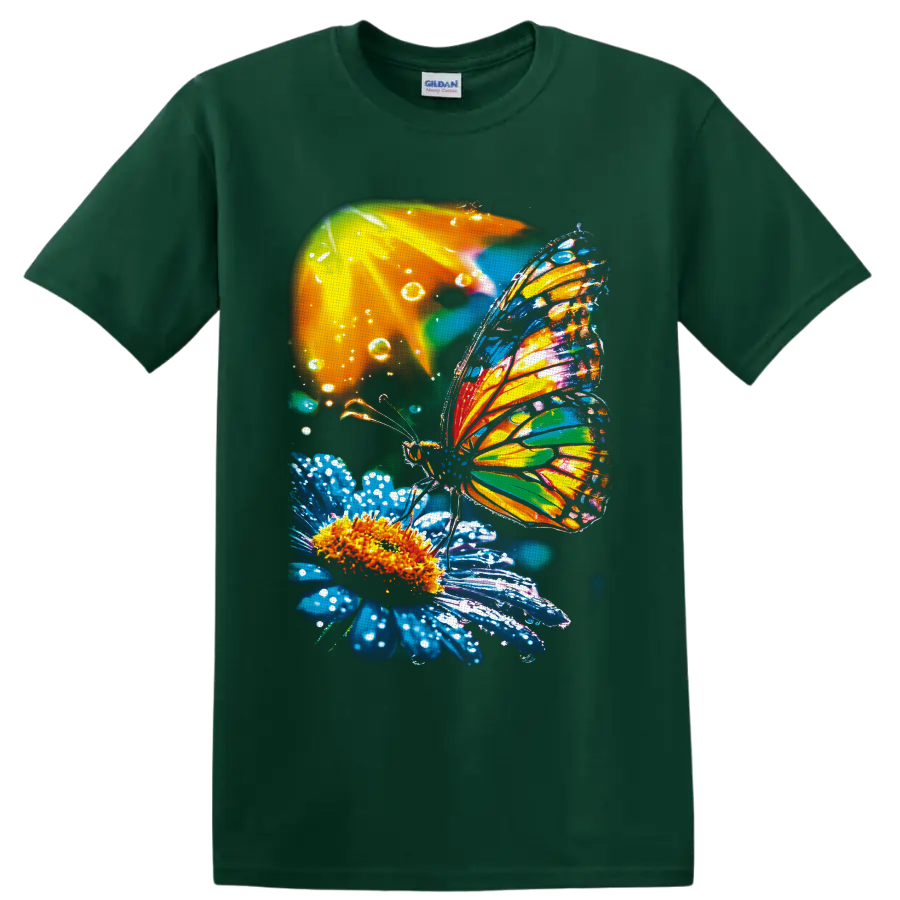 Colorful butterfly with jewel-toned wings resting on a blue flower with water droplets on a Forest Green T Shirt