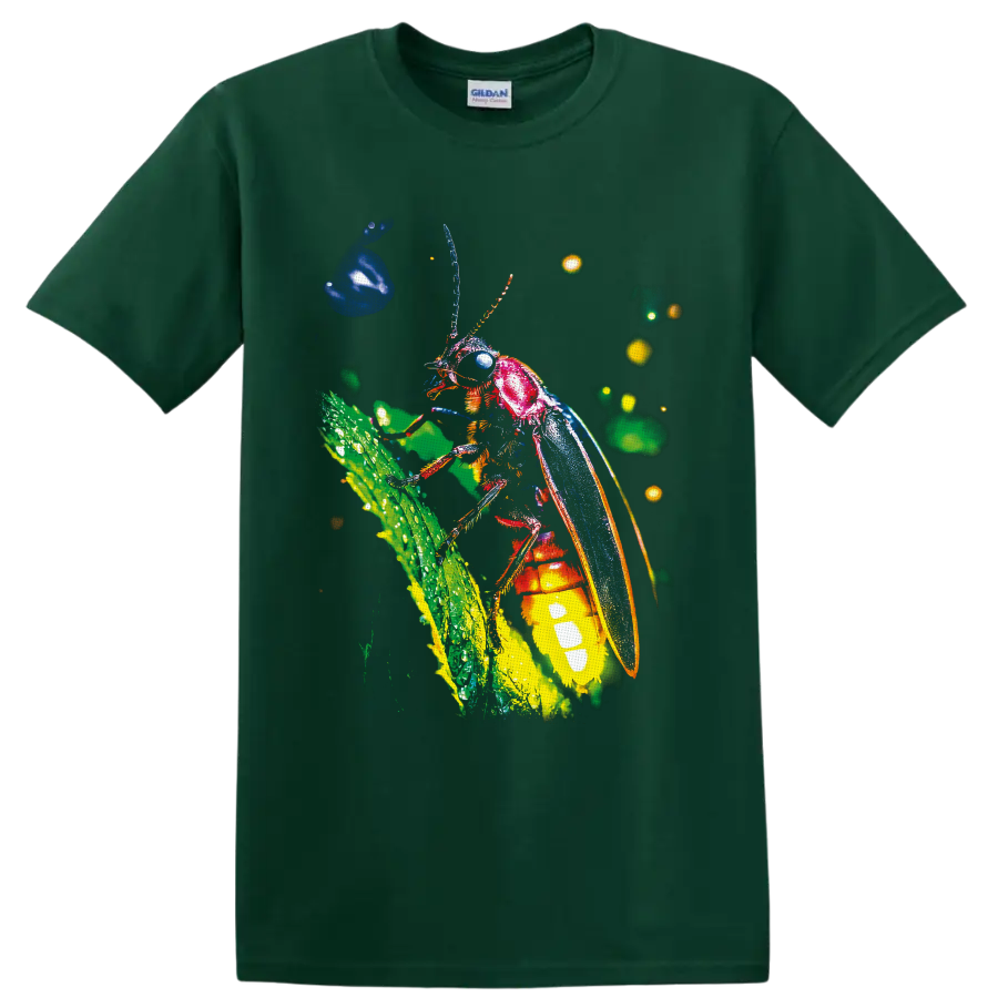 Neon-style firefly with blue wings and glowing abdomen on a green stem on a Forest Green T Shirt