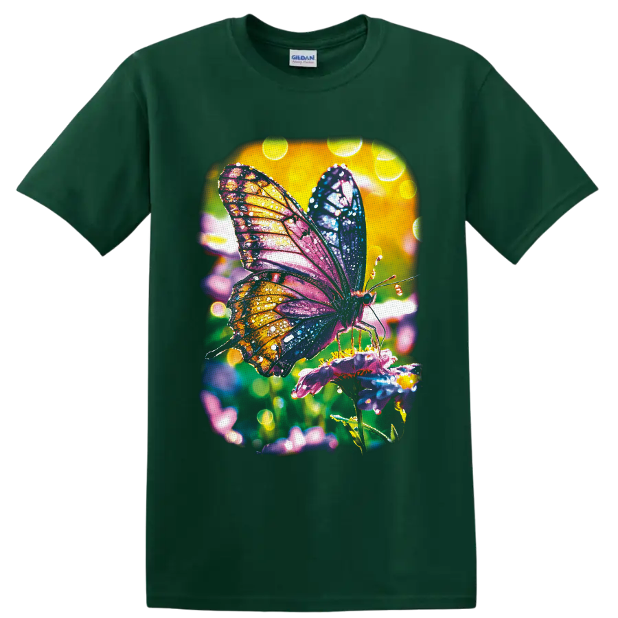 Colorful butterfly on a pink flower with jewel-tone wings and glowing garden bokeh on a Forest Green T Shirt