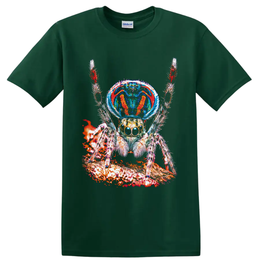 Psychedelic jumping spider with mushroom-inspired cap and vivid textured woodland art on a Forest Green T Shirt