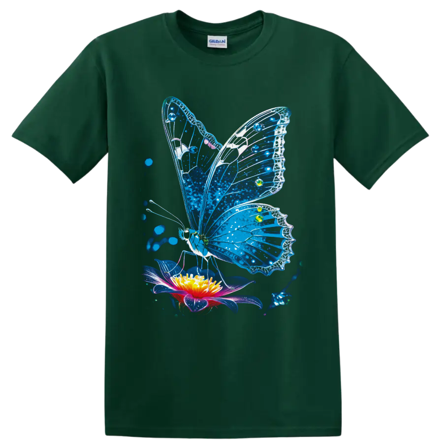 Blue stained-glass-style butterfly above a glowing flower with blue splatter accents on a Forest Green T Shirt
