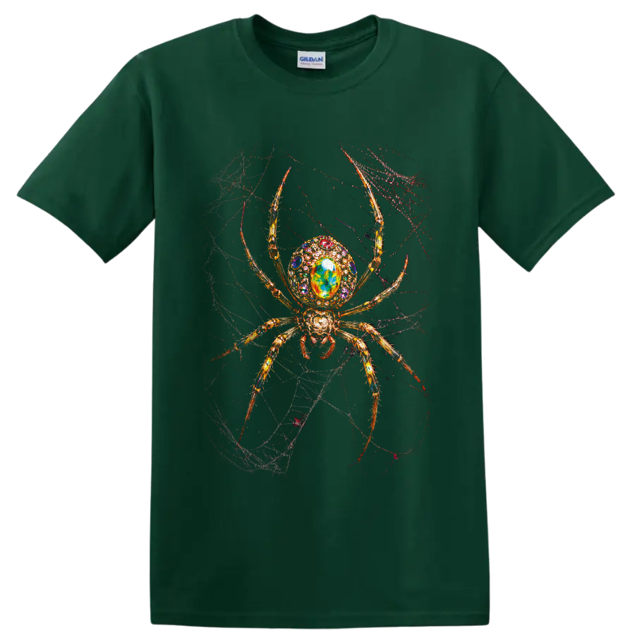 Ornate jeweled golden spider with colorful crystal body on a tangled gothic web on a Forest Green T Shirt
