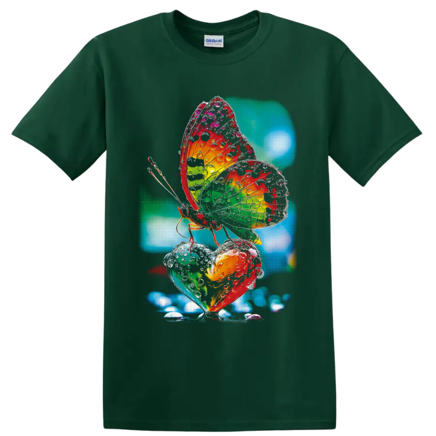 Rainbow butterfly with water droplets over heart-shaped botanical art on a Forest Green T Shirt