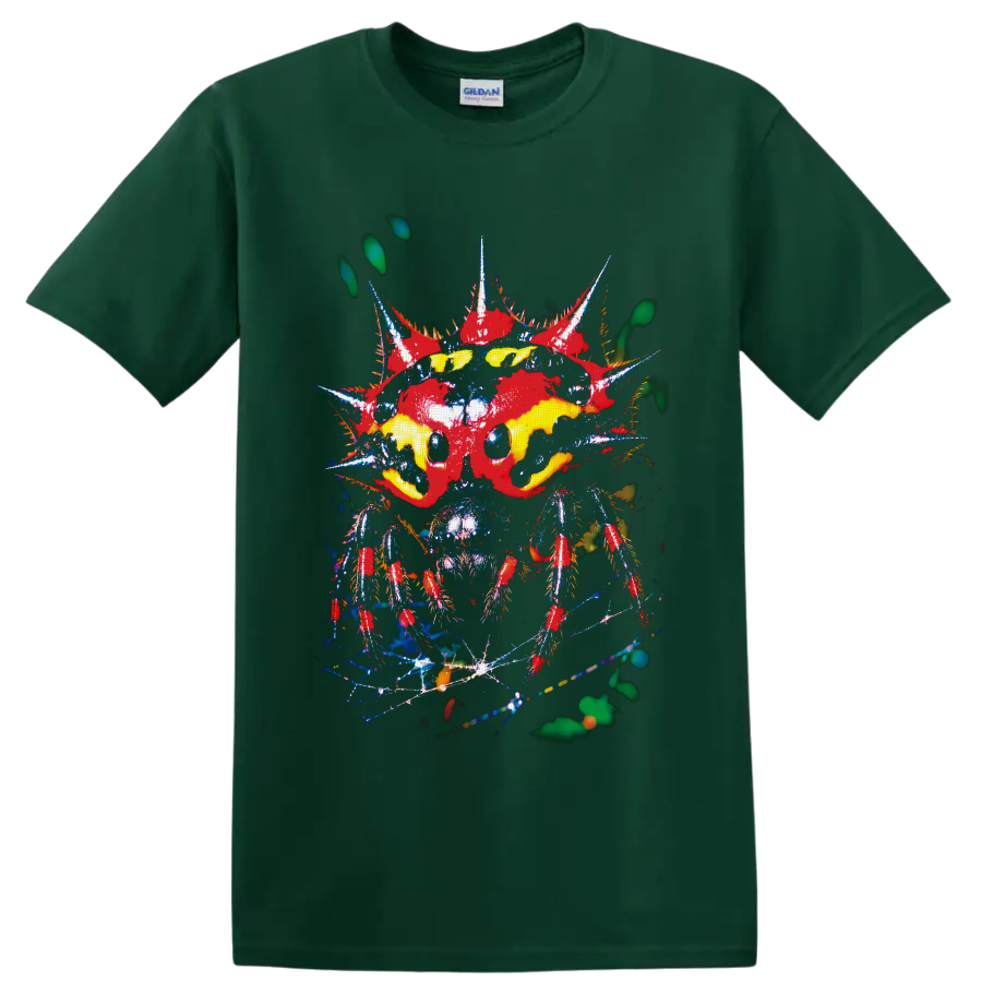 Surreal neon spiked insect with yellow eyes and distressed punk-style details on a Forest Green T Shirt