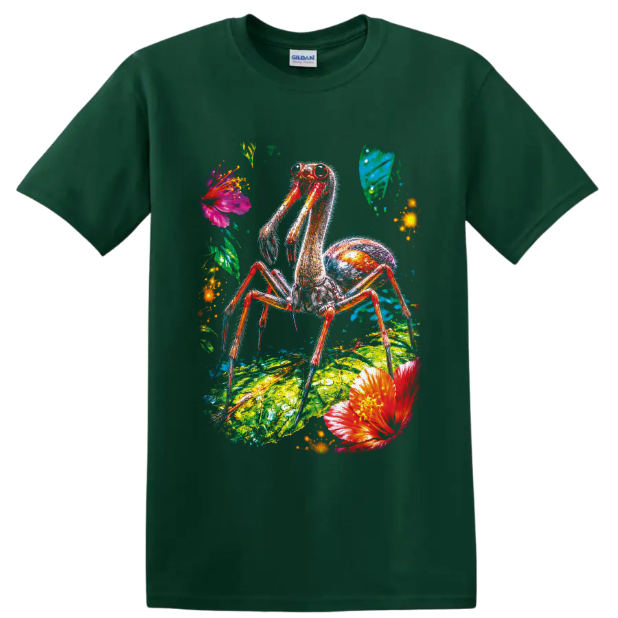 Neon camel spider arachnid on tropical leaf with vivid flowers and glowing accents on a Forest Green T Shirt