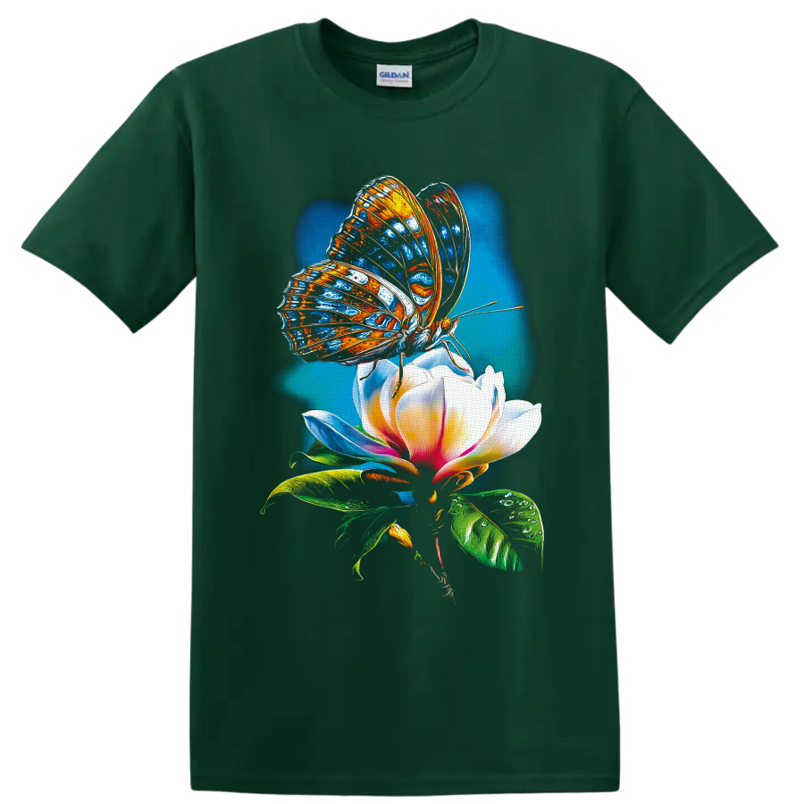 Colorful blue and orange butterfly on a white pink flower in luminous botanical art on a Forest Green T Shirt