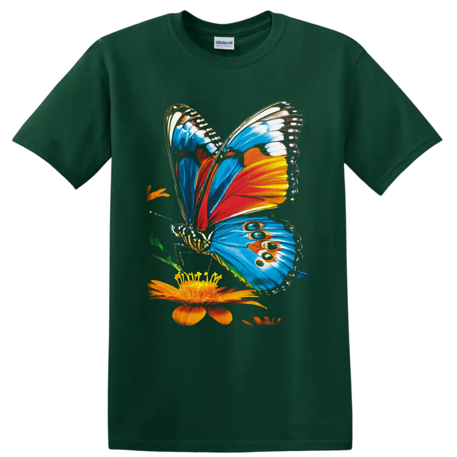 Colorful blue and orange butterfly illustration beside an orange flower on a Forest Green T Shirt
