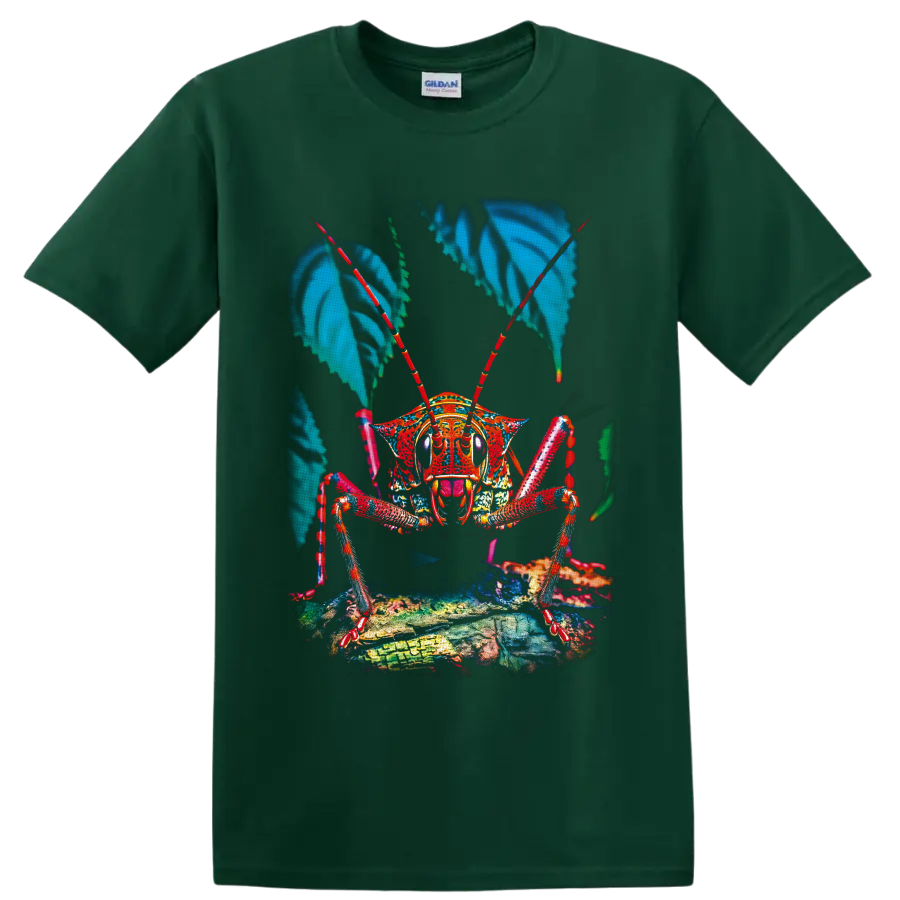 Colorful macro grasshopper illustration with red antennae, blue leaves, and textured on a Forest Green T Shirt