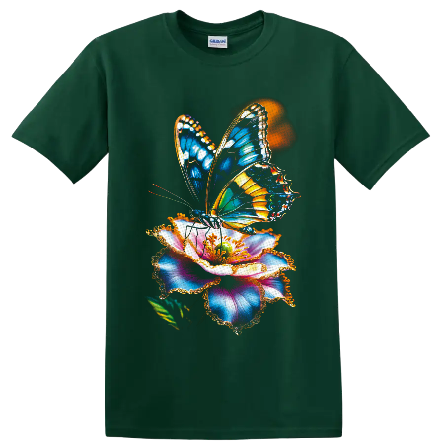Colorful blue and orange butterfly on a multicolored flower botanical graphic on a Forest Green T Shirt