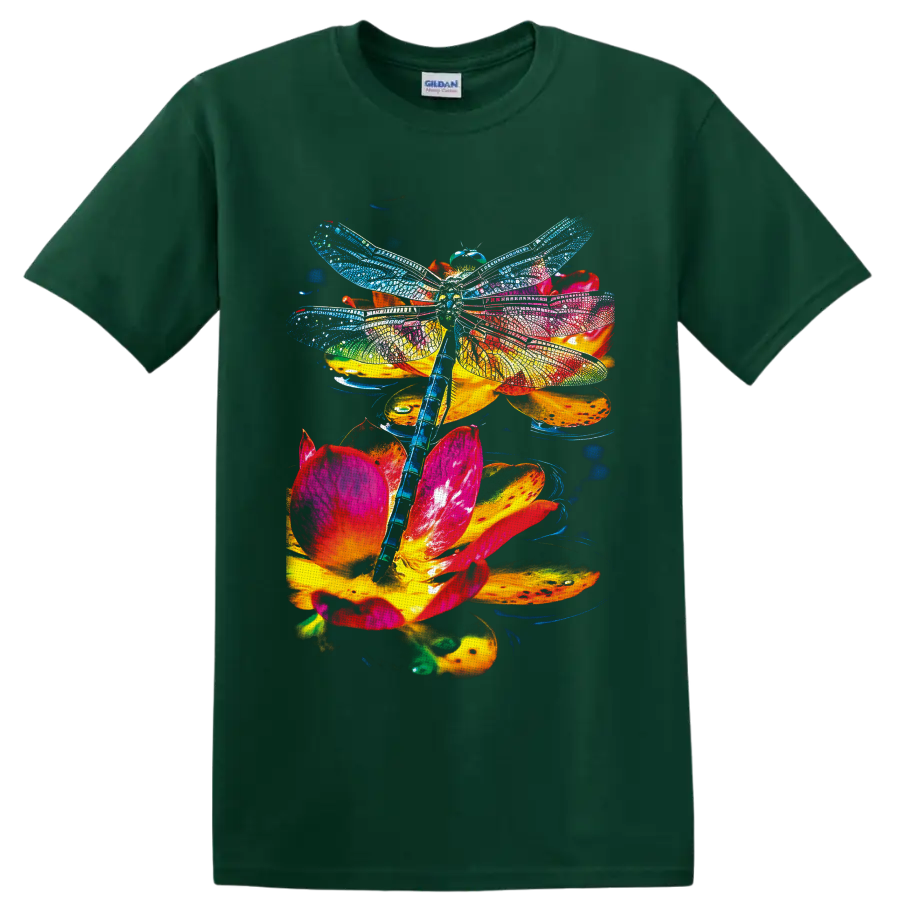 Rainbow dragonfly with detailed wings over vivid pink, orange, and yellow flowers on a Forest Green T Shirt