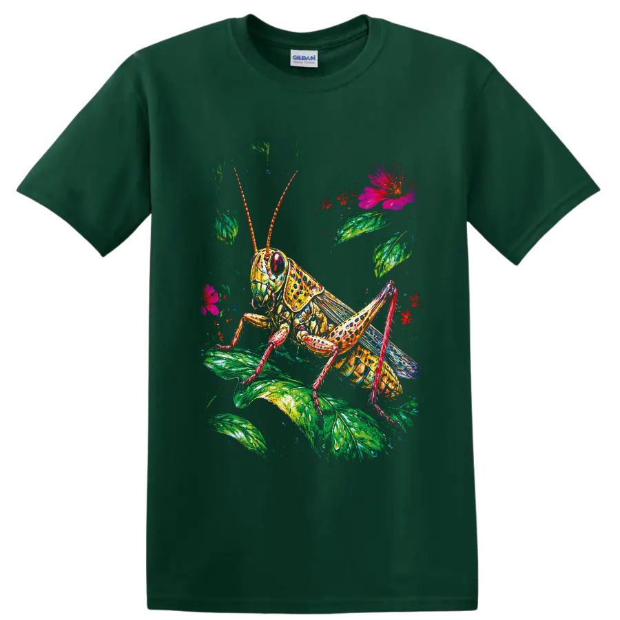 Colorful grasshopper illustration with lush leaves, red blossoms, and a pink flower on a Forest Green T Shirt