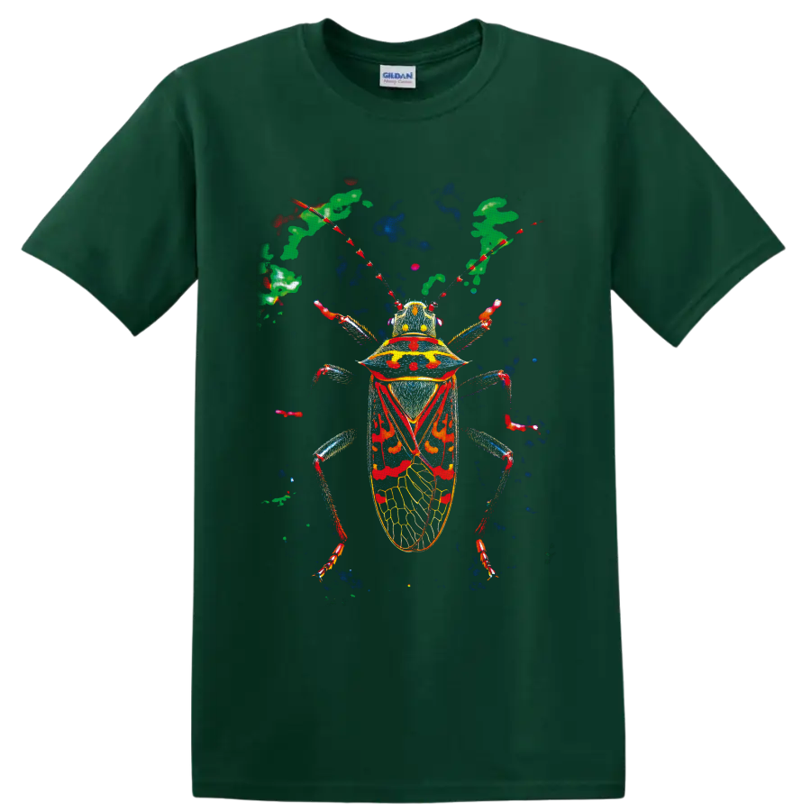 Vibrant anatomical beetle illustration with red, blue, yellow, and green details on a Forest Green T Shirt
