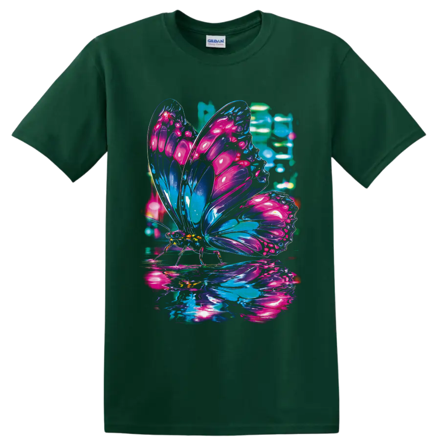 Neon butterfly with glossy pink, purple, blue, and teal cyberpunk glass wings on a Forest Green T Shirt