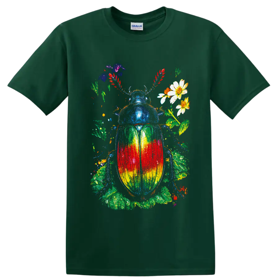 Rainbow scarab beetle with flowers and leafy botanical paint-splatter art on a Forest Green T Shirt