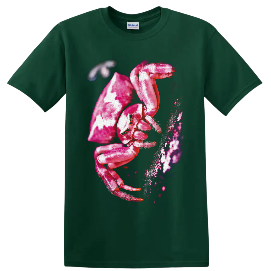 Vivid pink crab spider macro wildlife graphic beside textured bark on a Forest Green T Shirt