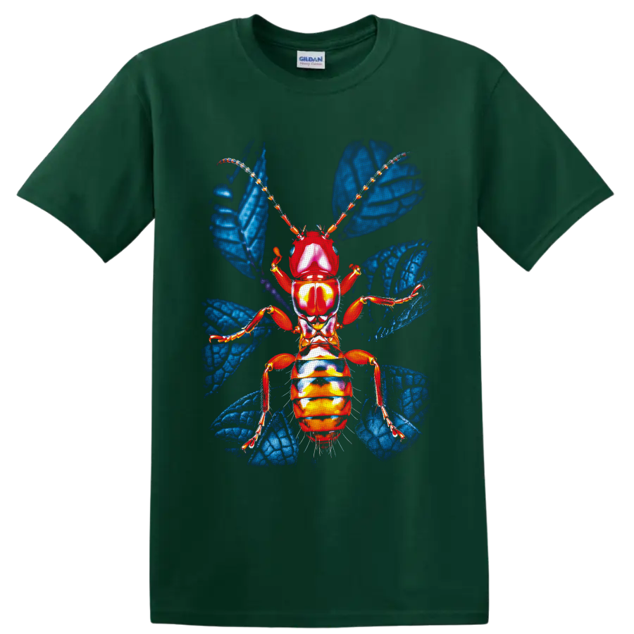 Colorful red-orange ant with blue wings in detailed insect anatomy art on a Forest Green T Shirt
