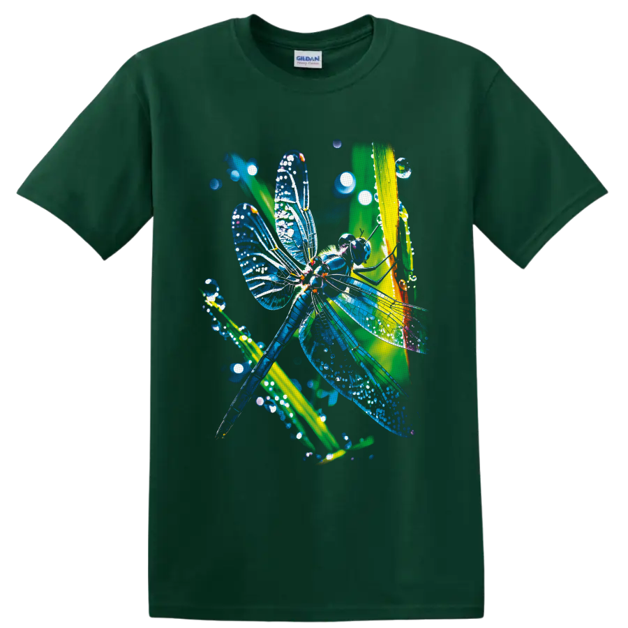 Luminous blue dragonfly with sparkling wings and green stems in colorful nature art on a Forest Green T Shirt