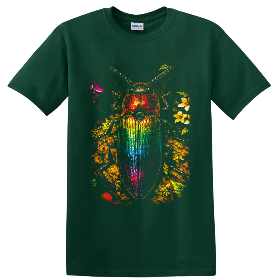 Rainbow scarab beetle with colorful wing case, flowers, leaves, and golden foliage on a Forest Green T Shirt
