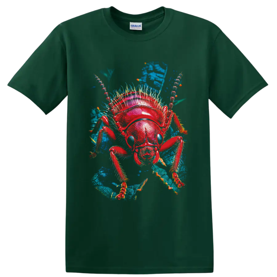 Vivid red ant macro illustration with blue eyes and teal leafy background on a Forest Green T Shirt