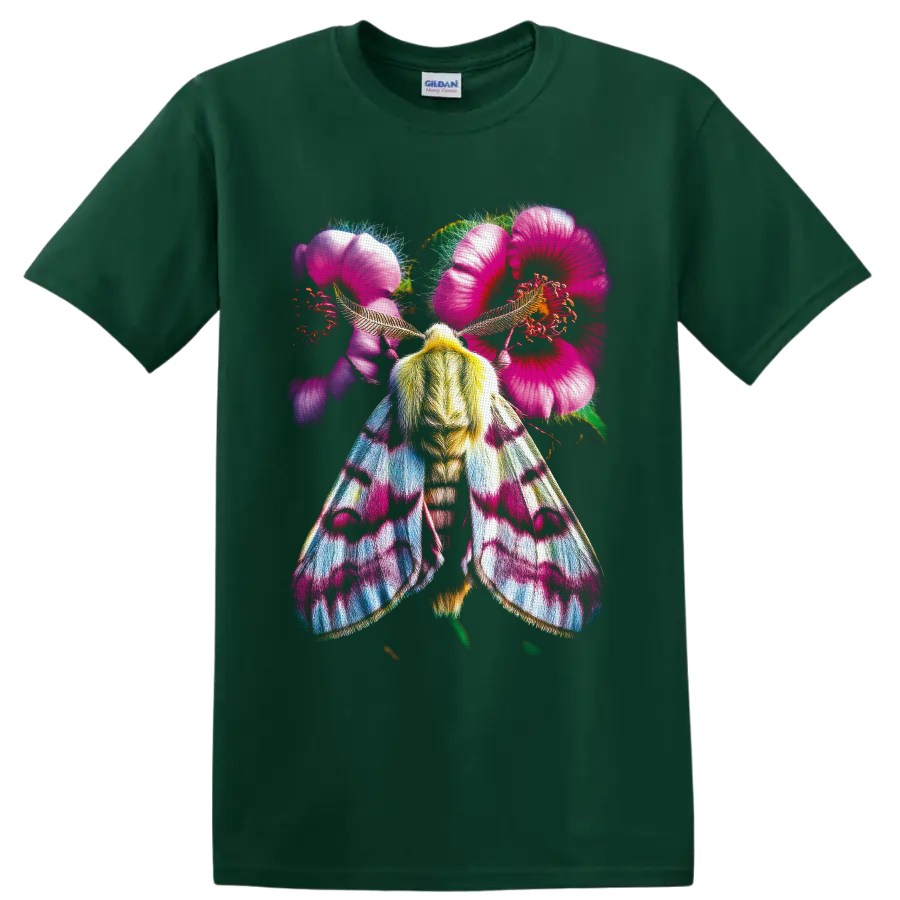 Colorful moth with pink hibiscus flowers in vivid tropical botanical art on a Forest Green T Shirt