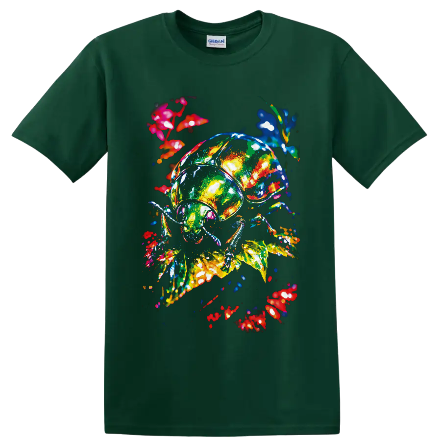 Colorful neon-style beetle amid glowing leaves, stems, and floral botanical accents on a Forest Green T Shirt