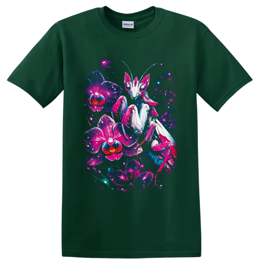 Cyberpunk robotic praying mantis surrounded by glowing neon orchid flowers on a Forest Green T Shirt