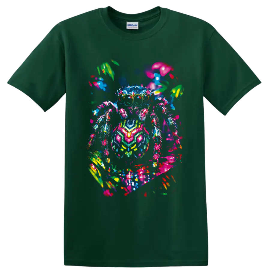Neon psychedelic spider with glowing eyes, multicolored legs, and abstract garden shapes on a Forest Green T Shirt