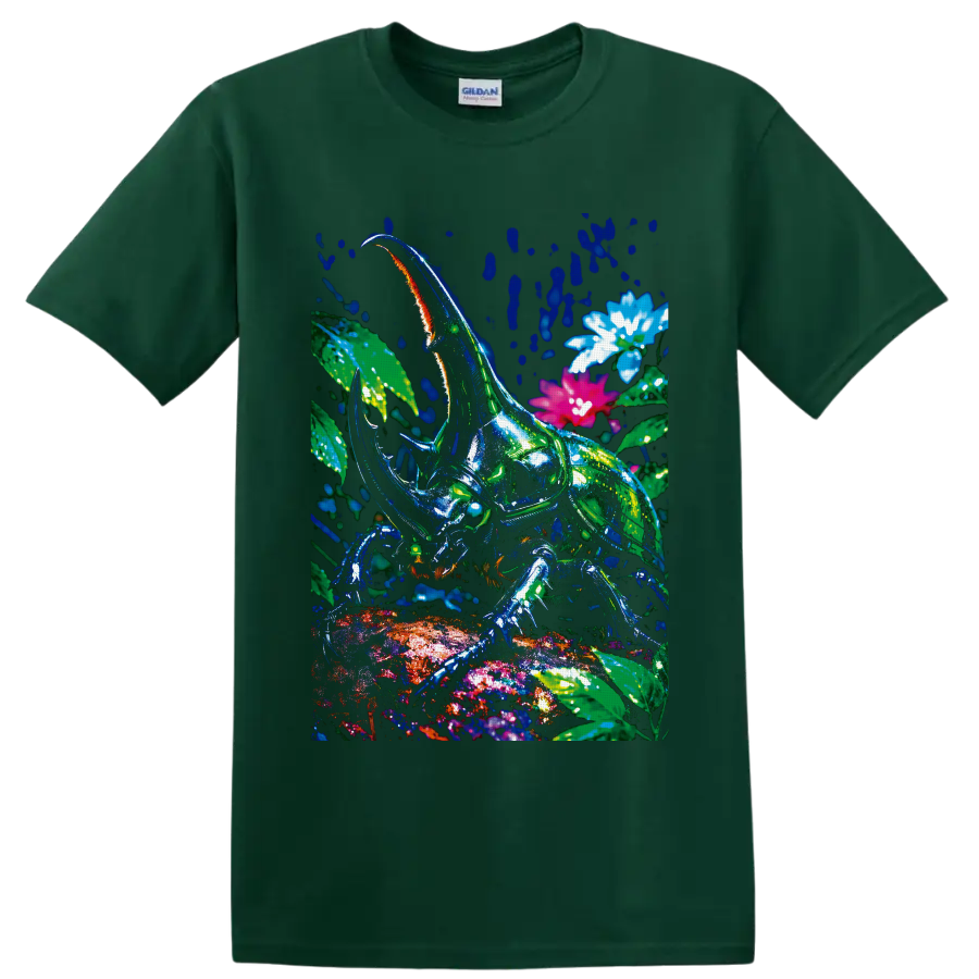 Neon rhinoceros beetle in a tropical botanical scene with colorful flowers on a Forest Green T Shirt