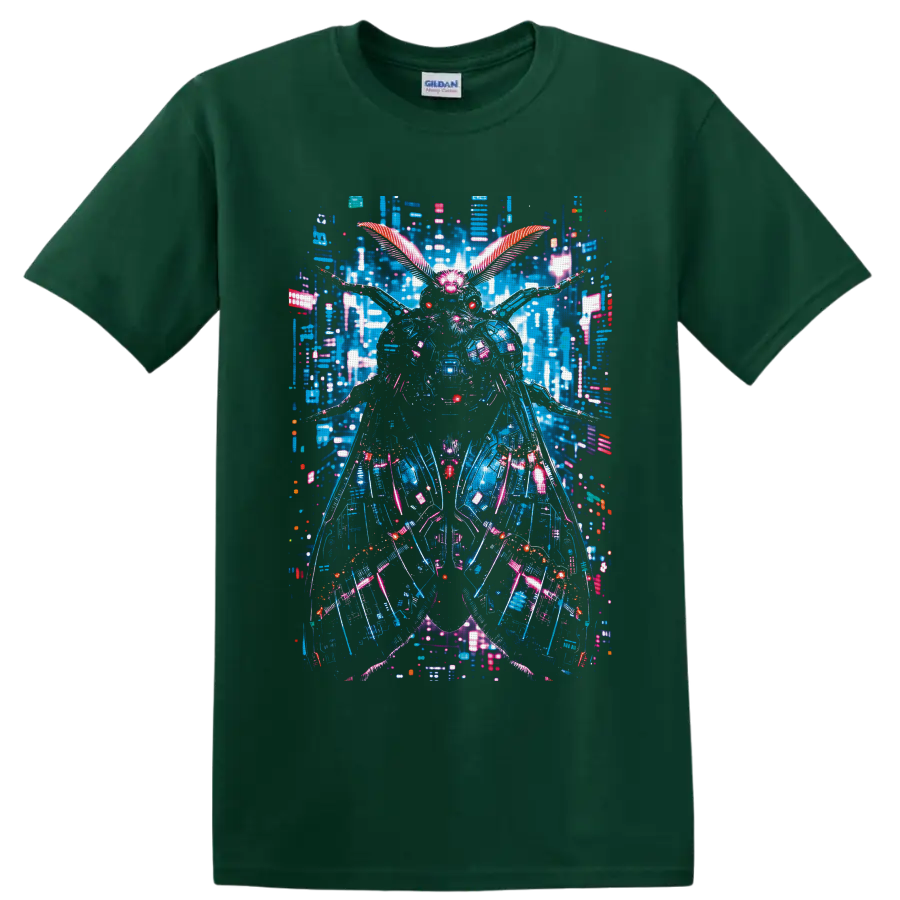 Cyberpunk mechanical moth with neon wings and a futuristic cityscape on a Forest Green T Shirt