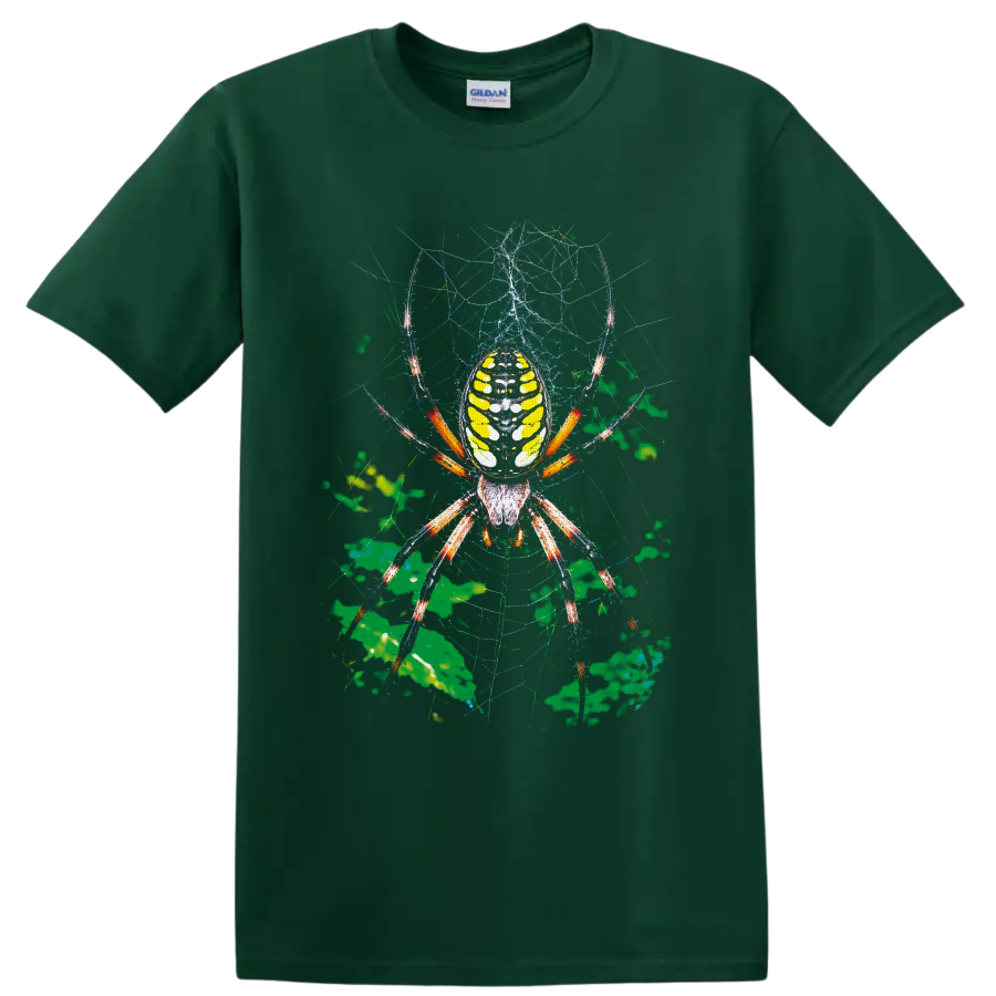 Colorful orb weaver spider with yellow abdomen on a detailed web and green foliage on a Forest Green T Shirt