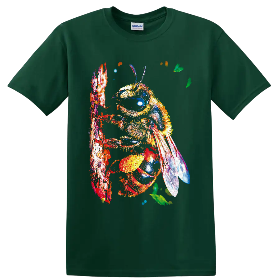 Colorful detailed bumblebee illustration on a textured branch with leaves and translucent on a Forest Green T Shirt