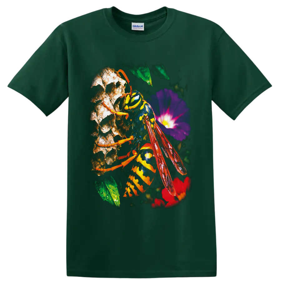 Yellowjacket wasp macro wildlife art with red wings and purple garden flower on a Forest Green T Shirt