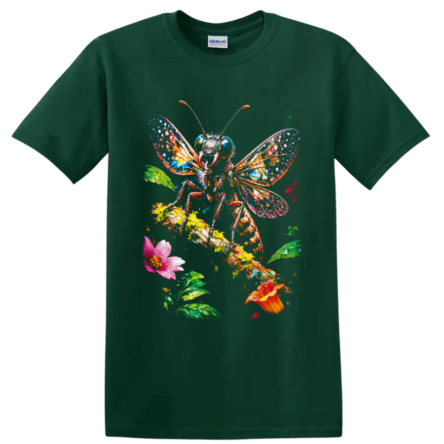 Colorful painted bee with vivid wings, flowers, leaves, and textured garden branch on a Forest Green T Shirt