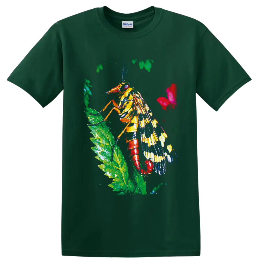 Colorful grasshopper on a green leaf in vivid tropical wildlife art on a Forest Green T Shirt