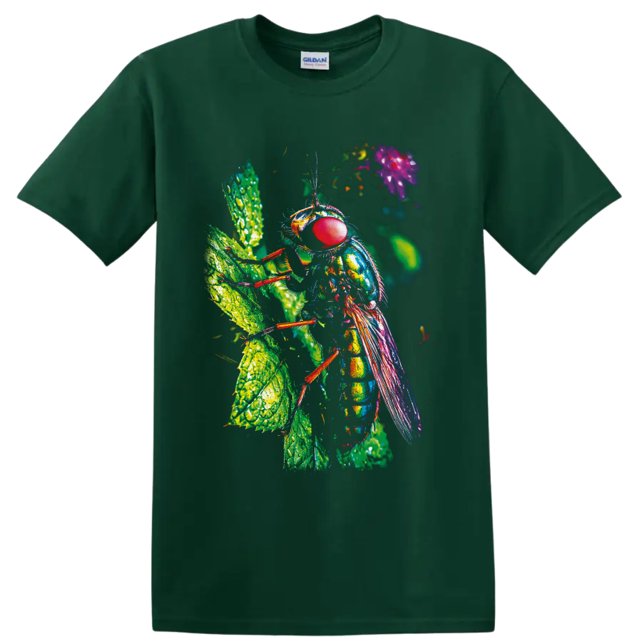 Colorful macro fly with red compound eye and iridescent wings on dew-covered leaves on a Forest Green T Shirt