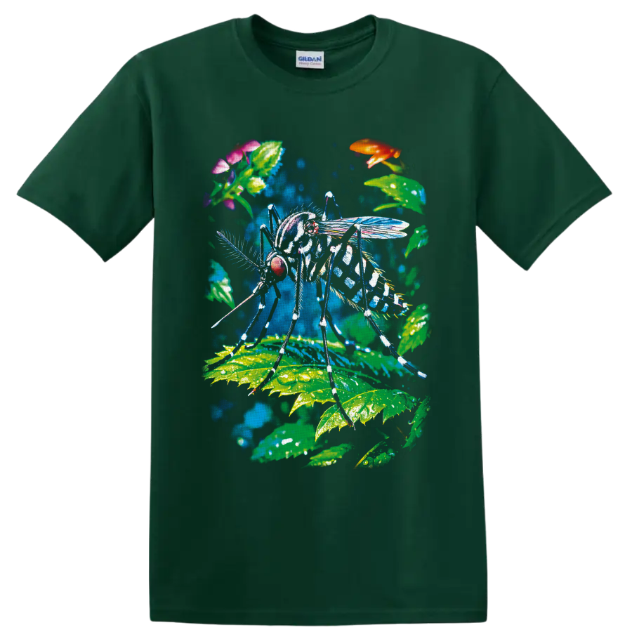 Colorful mosquito illustration with tropical leaves, flowers, and translucent wings on a Forest Green T Shirt