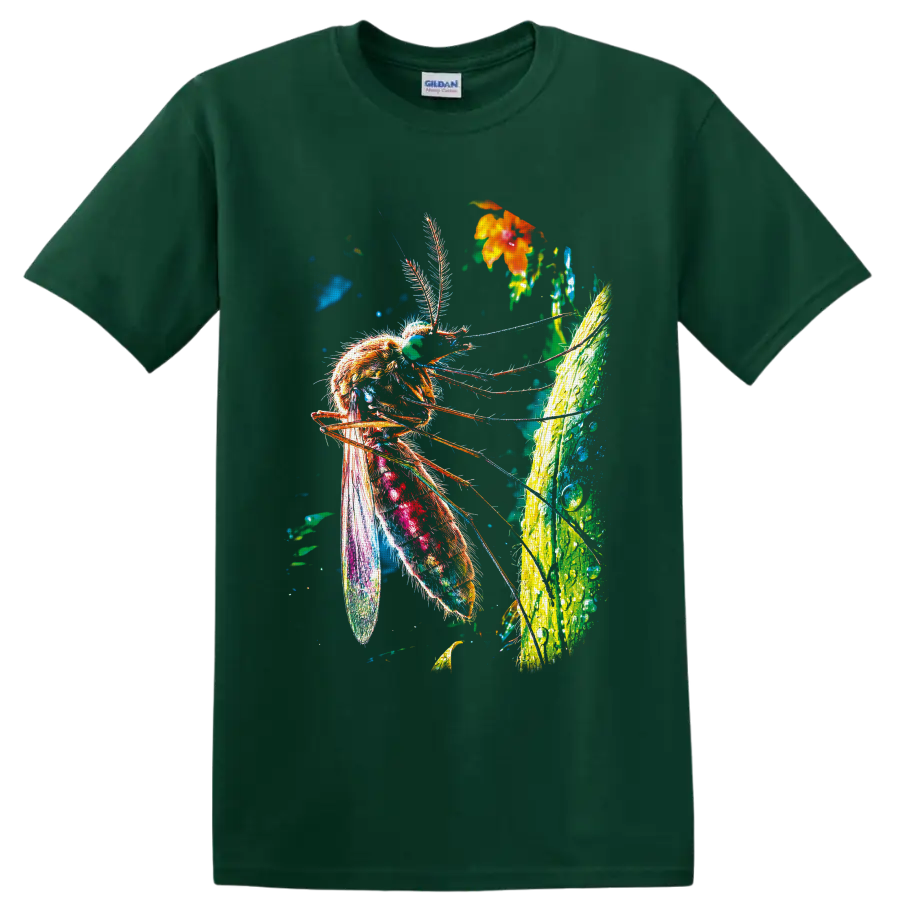 Neon-style mosquito illustration with tropical leaf, orange flower, and colorful wings on a Forest Green T Shirt