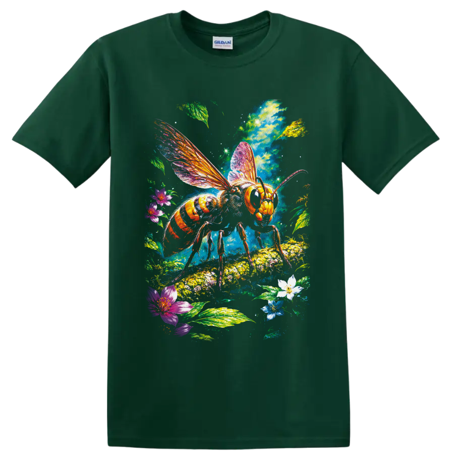 Colorful honey bee with luminous wings, flowers, leaves, and fantasy garden art on a Forest Green T Shirt