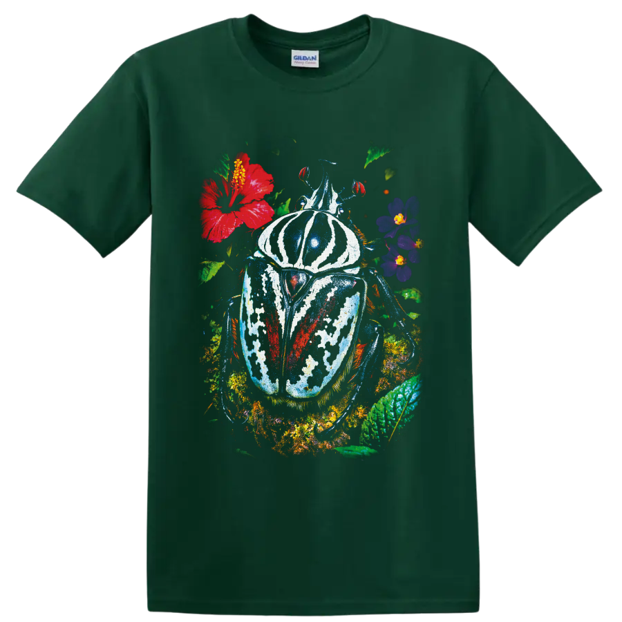 Colorful painted beetle surrounded by tropical flowers and lush botanical foliage on a Forest Green T Shirt