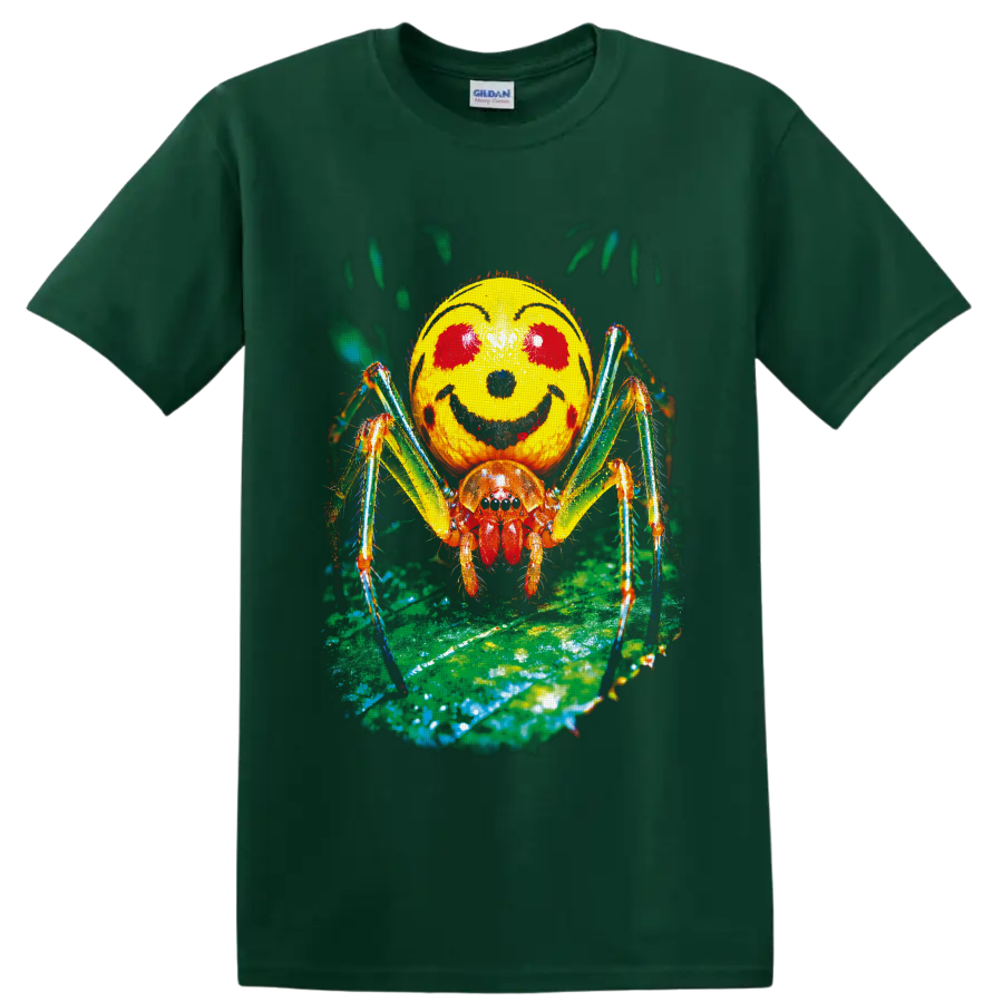 Colorful macro Smiley Face Spider with yellow marked abdomen on a green leaf on a Forest Green T Shirt