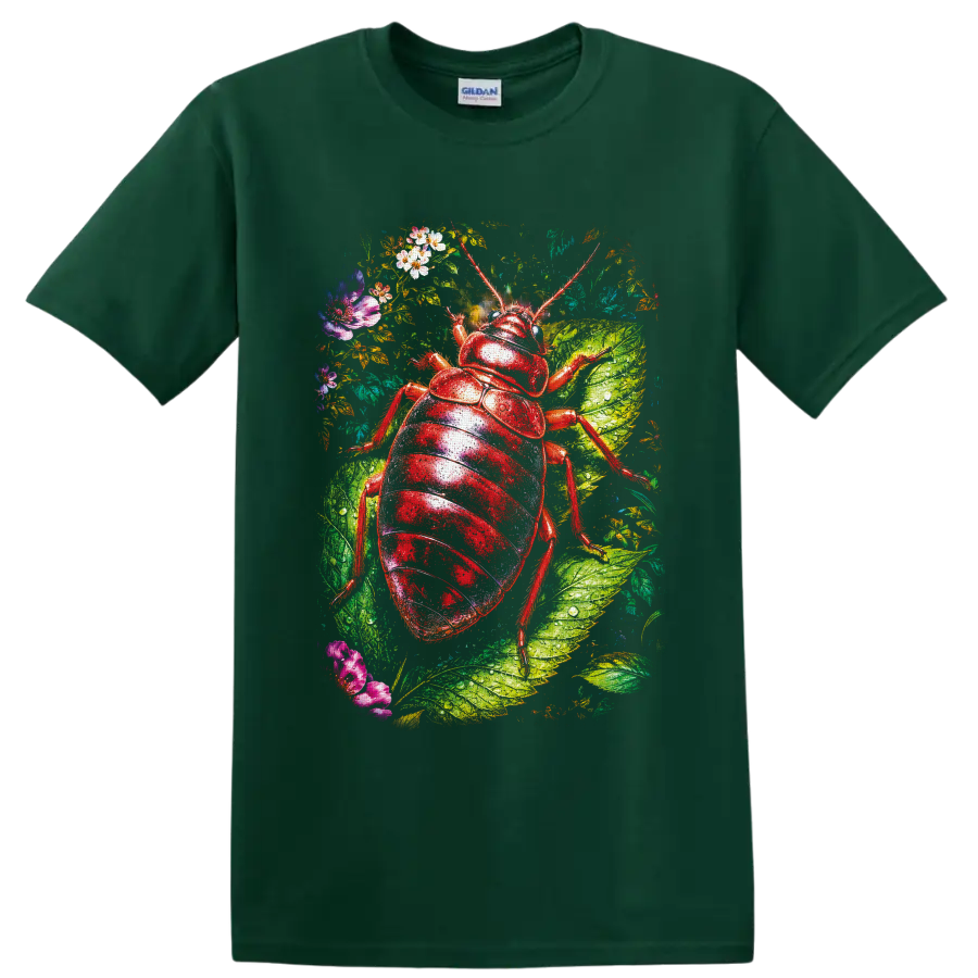 Glossy red beetle botanical illustration with dew-covered leaves and colorful flowers on a Forest Green T Shirt