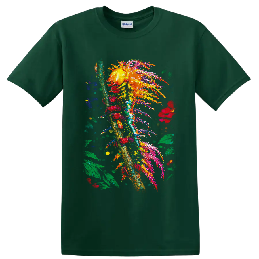 Colorful caterpillar on a branch with tropical leaves, flowers, and painterly splashes on a Forest Green T Shirt