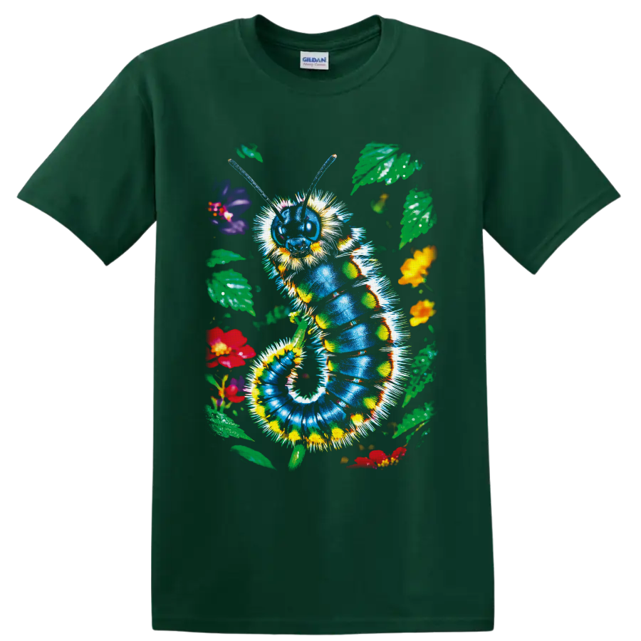 Colorful blue caterpillar with flowers and leaves in whimsical garden art on a Forest Green T Shirt