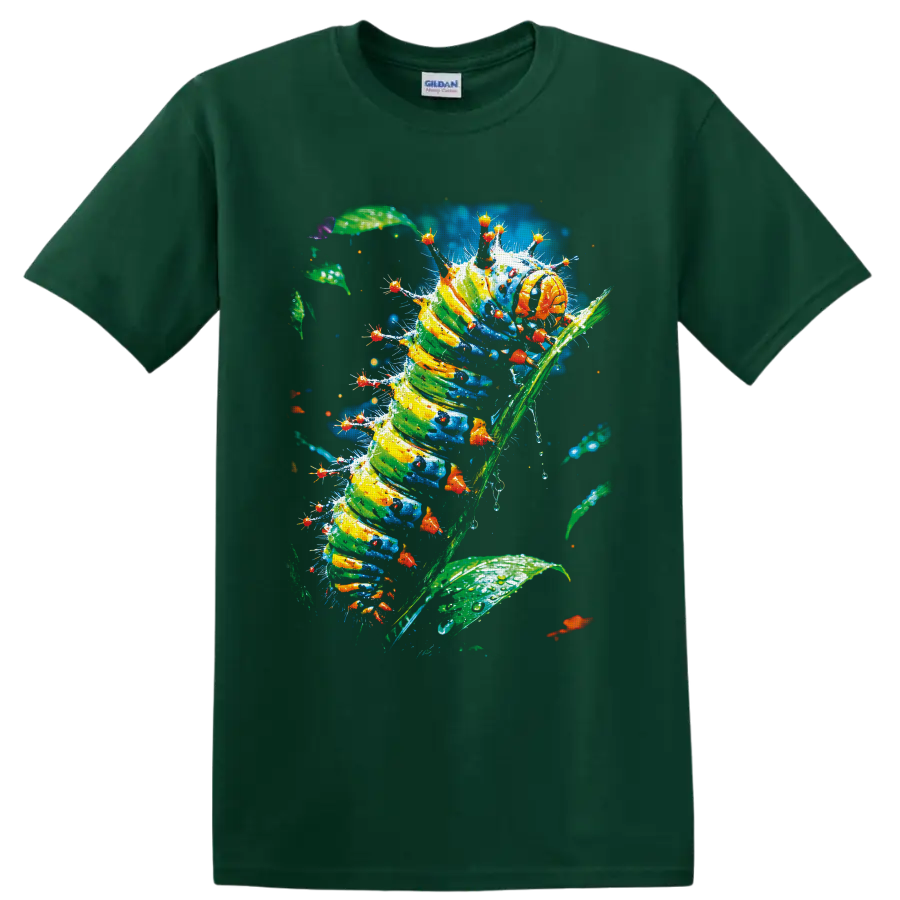 Colorful painterly caterpillar climbing a leafy stem with tiny orange insects on a Forest Green T Shirt