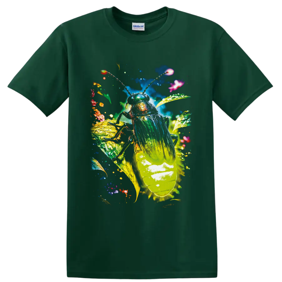 Colorful surreal cockroach with luminous wings, tropical leaves, and sparkling details on a Forest Green T Shirt
