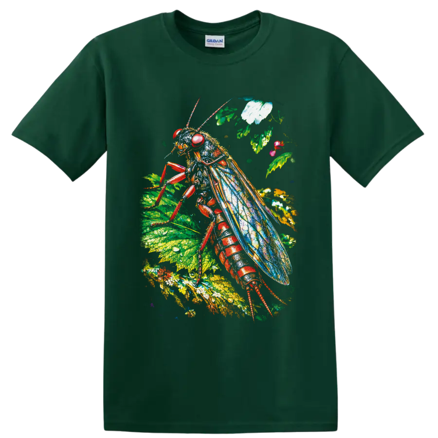 Colorful cockroach illustration with blue wings, red body, leaves, and flowers on a Forest Green T Shirt