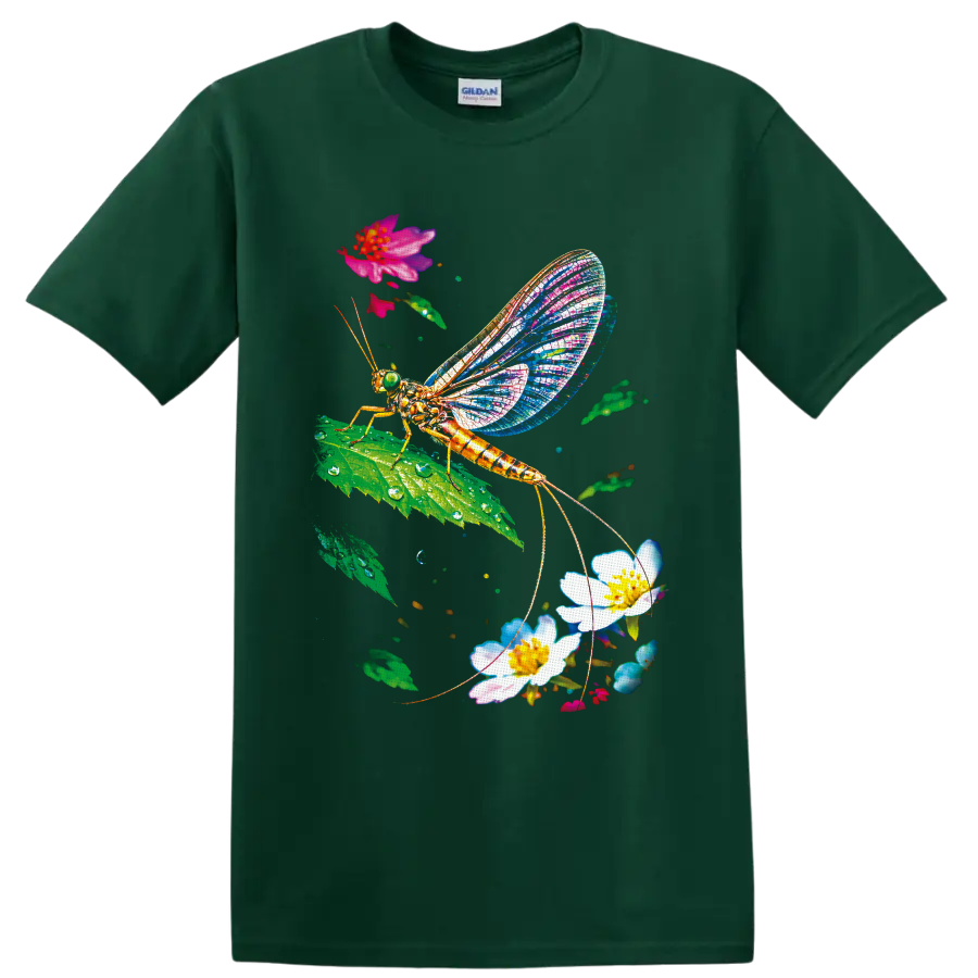 Colorful mayfly with mosaic wings on a leaf among flowers and water droplets on a Forest Green T Shirt