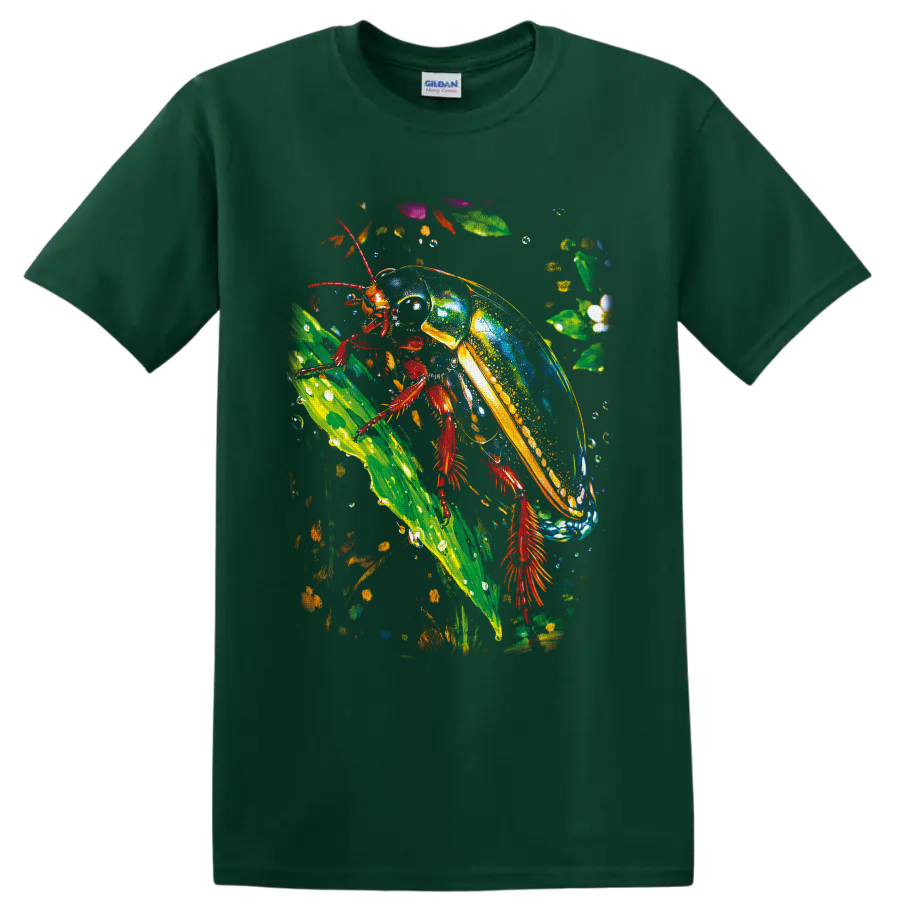 Colorful jewel-toned beetle climbing a tropical leaf in vivid painted nature art on a Forest Green T Shirt